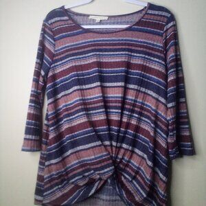 Another Reason Shirt Blouse L 3/4 Sleeve Tie Detail Ribbed Stripe Blue Red